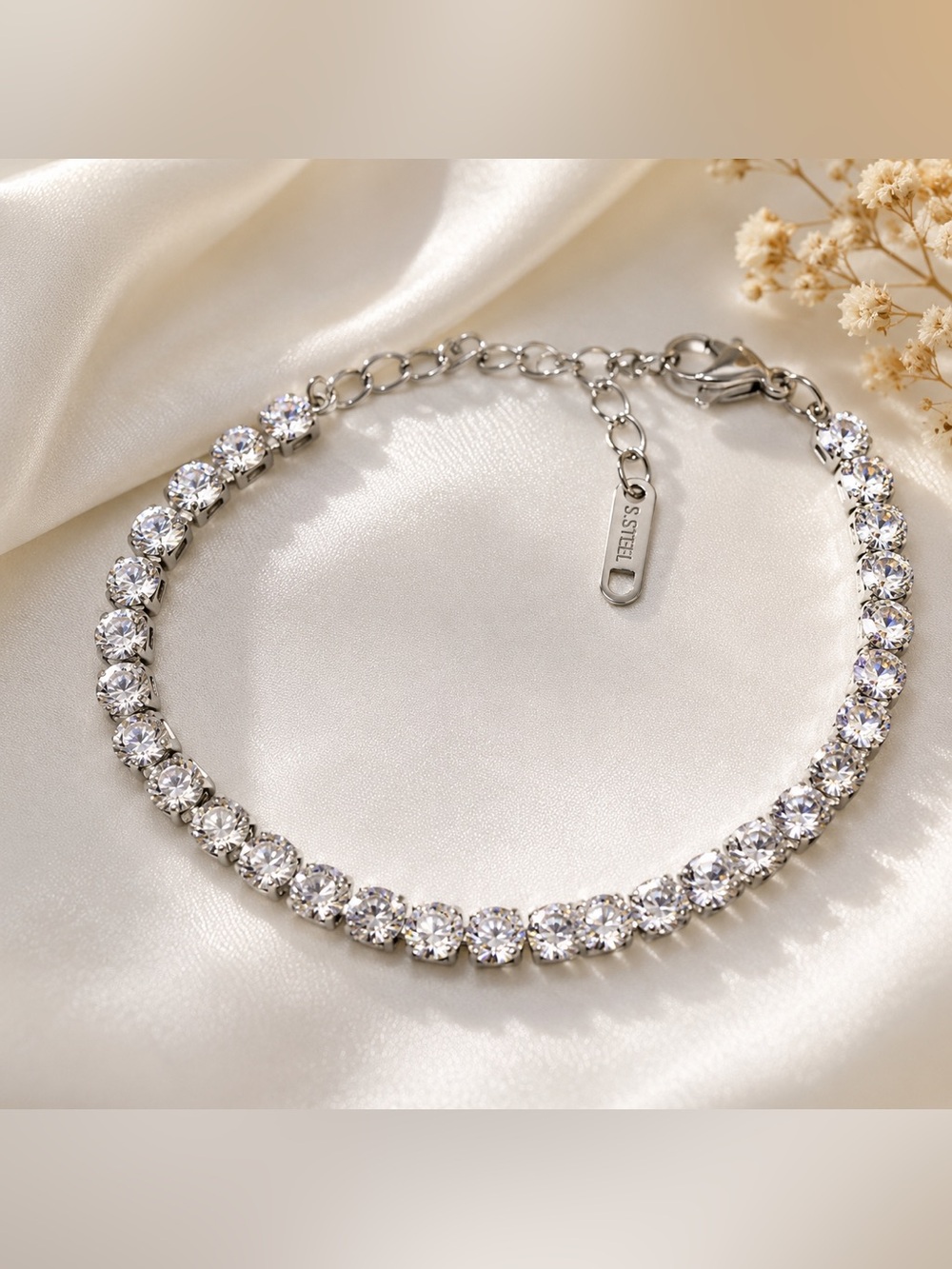 Sterling-Style Stainless Steel Tennis Bracelet with Clear Crystals